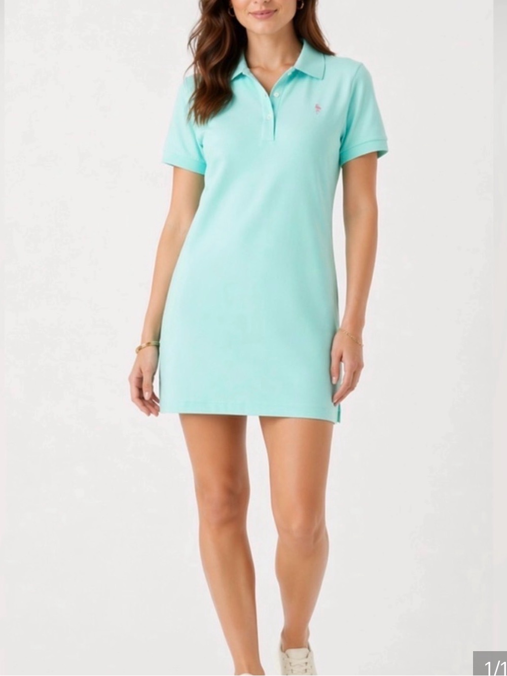 J Crew Factory Short Sleeve Mint Green Preppy Polo Dress Pink Flamingo Large